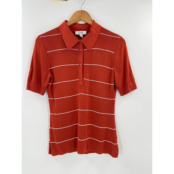 COS S Short Sleeve Ribbed Knit Polo Top Burnt Orange Striped Minimalist - Picture 1 of 12